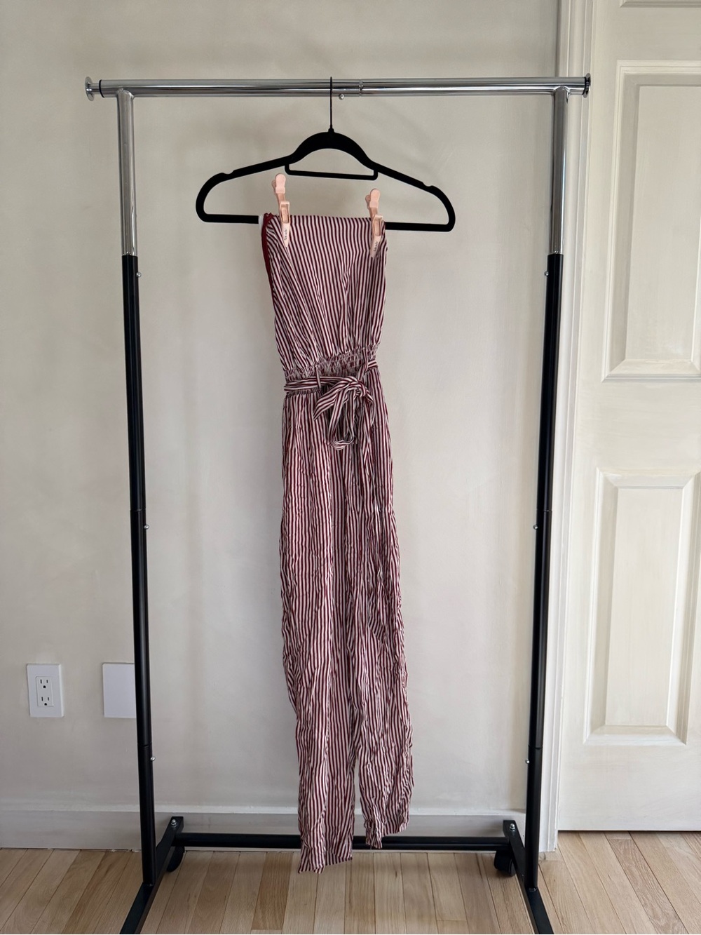 Striped Mauve and White Strapless Wide-Leg Jumpsuit with Waist Tie